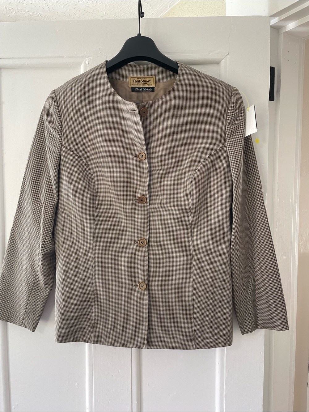 Paul Stuart Womens 10 Made in Italy Taupe Collarless Houndstooth wool Blazer